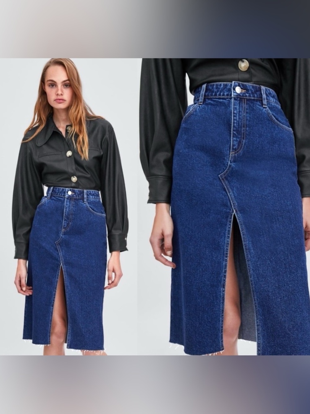 Zara Y2K 90s Grunge Retro Style Denim Front Slit Jean Pencil Midi Skirt Blue L